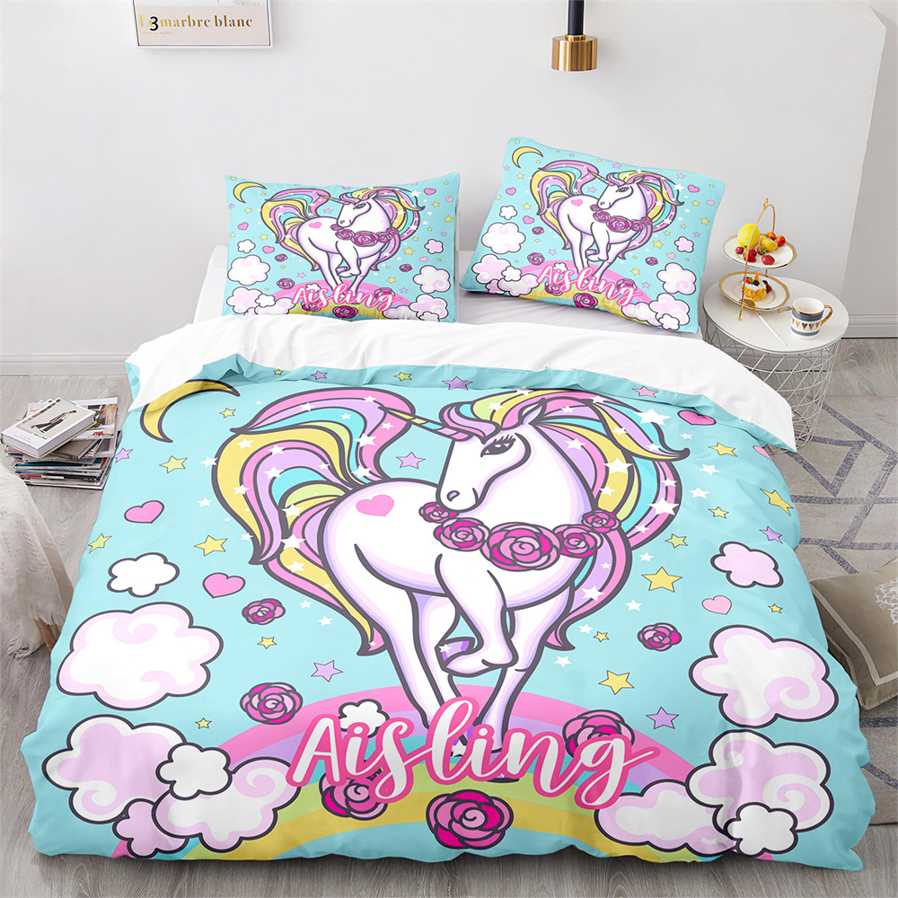 Unicorn Rainbow Duvet Cover Set King Twin Full Size Girl Bedding Set Colourful Cartoon Child Polyester Comforter Cover  Kids Boy