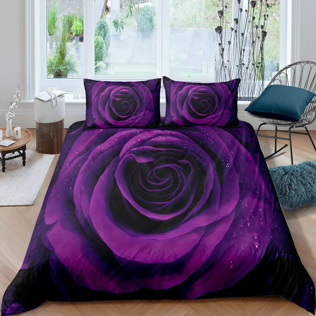 Purple Rose Duvet Cover Set Romantic Flowers Bedding Set Valentine's Day Floral Comforter Cover Lover Couple Gift Queen Size