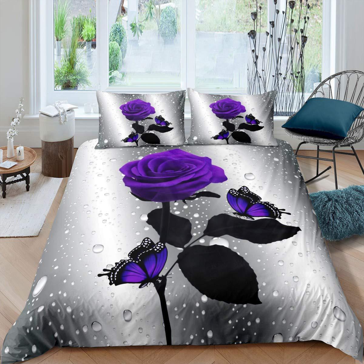 Purple Rose Duvet Cover Set Romantic Flowers Bedding Set Valentine's Day Floral Comforter Cover Lover Couple Gift Queen Size