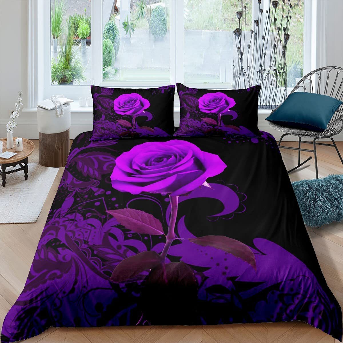 Purple Rose Duvet Cover Set Romantic Flowers Bedding Set Valentine's Day Floral Comforter Cover Lover Couple Gift Queen Size