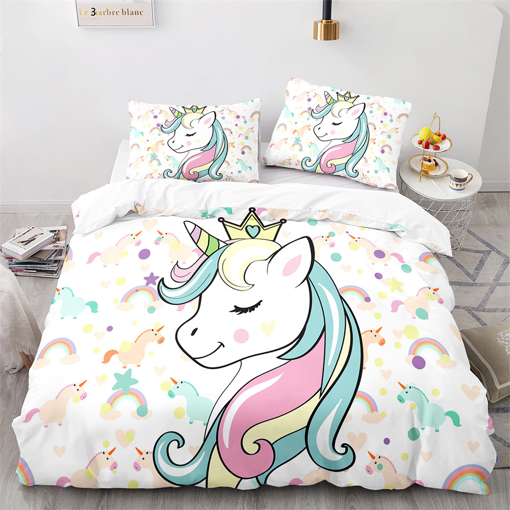 Unicorn Rainbow Duvet Cover Set King Twin Full Size Girl Bedding Set Colourful Cartoon Child Polyester Comforter Cover  Kids Boy