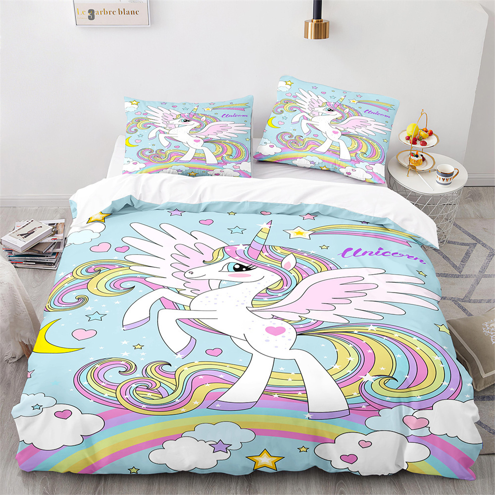 Unicorn Rainbow Duvet Cover Set King Twin Full Size Girl Bedding Set Colourful Cartoon Child Polyester Comforter Cover  Kids Boy