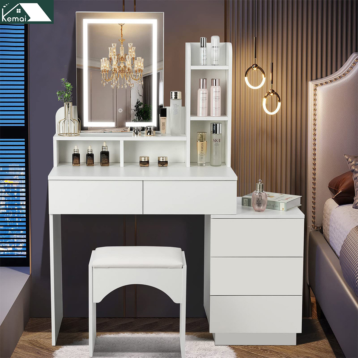 Dressers 5 drawers bedroom furniture dressing table with  led light mirror and drawers makeup dressing table