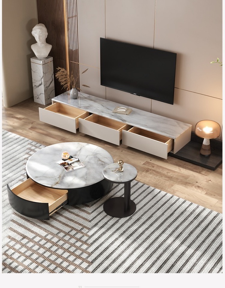 retractable tv cabinet light luxury marble tv stand and coffee table set color crystal stone modern mesa de tv