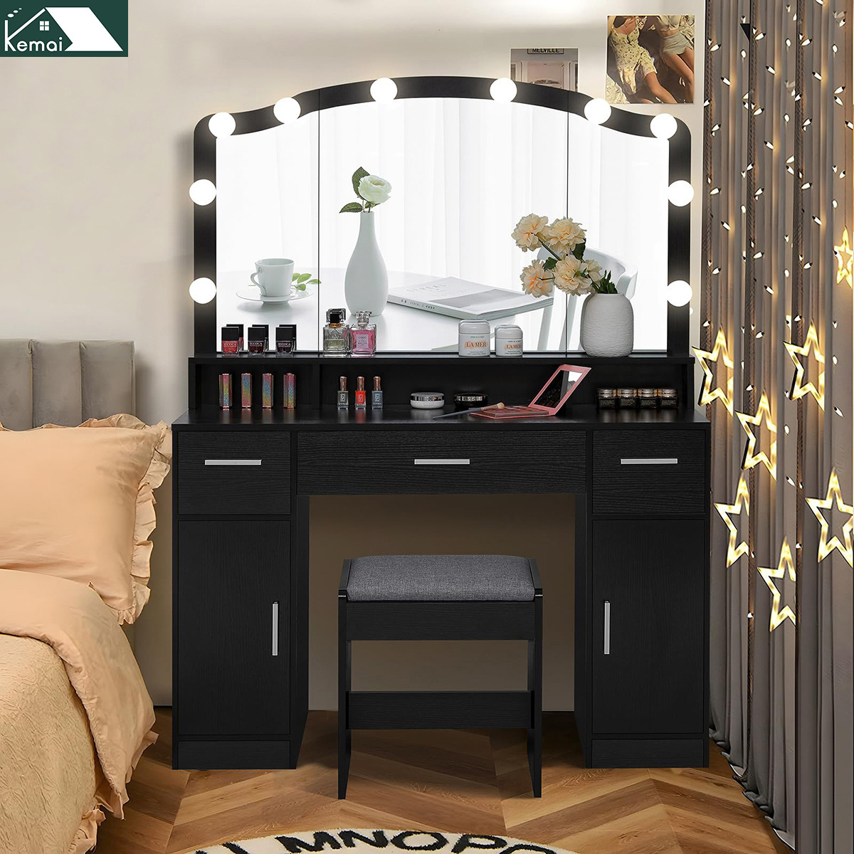 Girls modern dressing table with mirror and led light nordic modern contracted dresser makeup dressing table for room