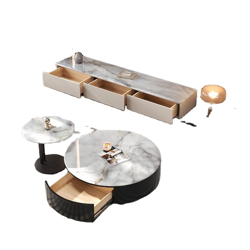 retractable tv cabinet light luxury marble tv stand and coffee table set color crystal stone modern mesa de tv