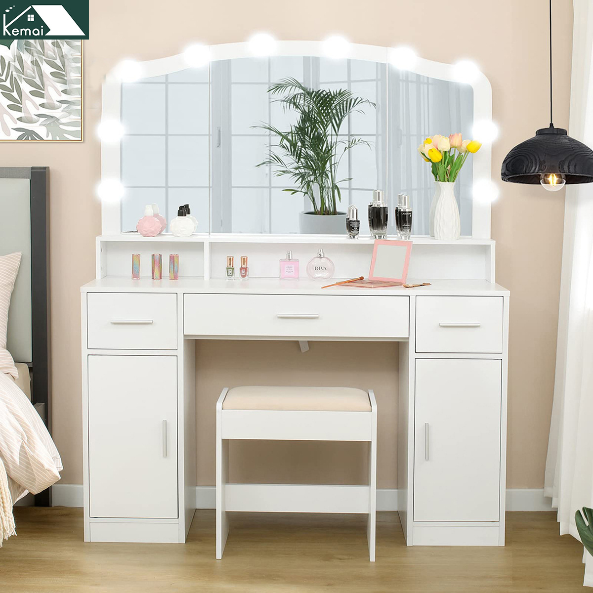 Girls modern dressing table with mirror and led light nordic modern contracted dresser makeup dressing table for room