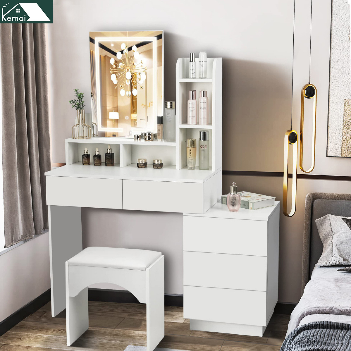 Dressers 5 drawers bedroom furniture dressing table with  led light mirror and drawers makeup dressing table