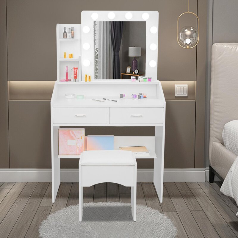 Dressing table with mirror and stool modern two drawers makeup dresser dressing table and chair hot sale