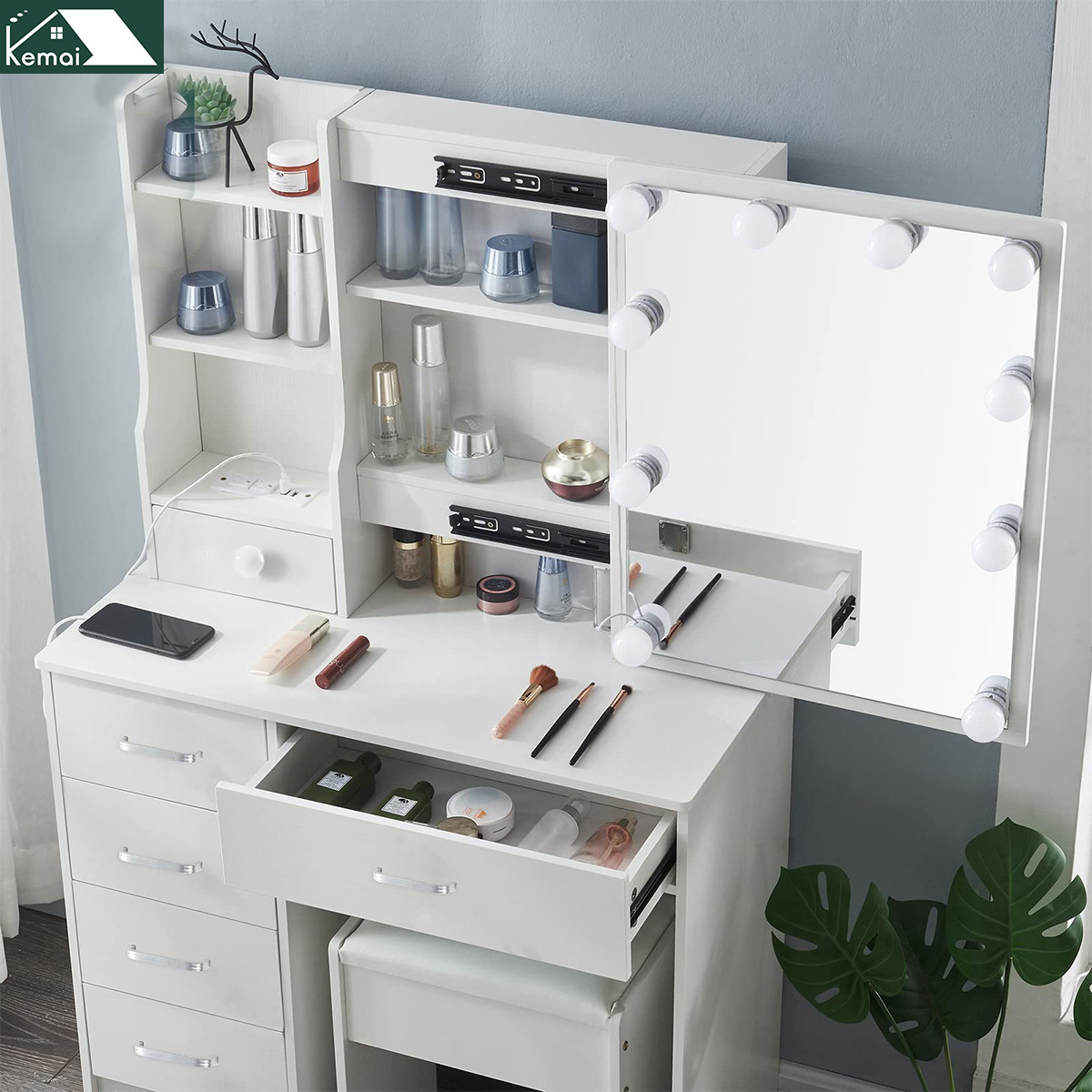 Dress table with led light makeup mirror nordic dressing table bedroom dresser drawers and shelves hidden storage behind mirror