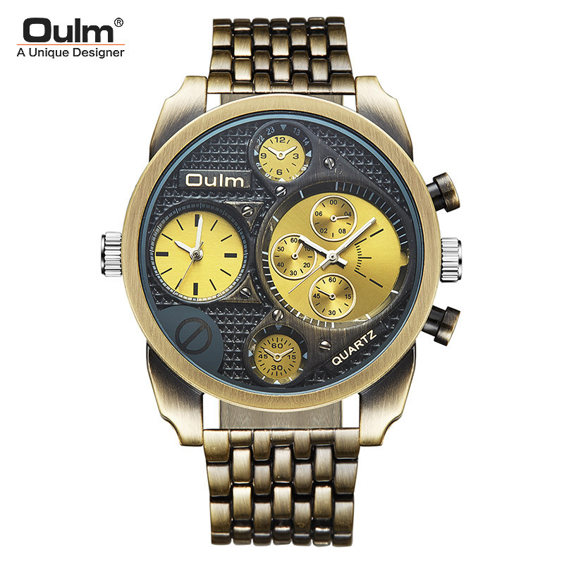 Oulm Antique Men's Luxury Wrist Watch Male Analog Quartz Clock Dual Time Zone Steel Watchband Golden Wristwatch