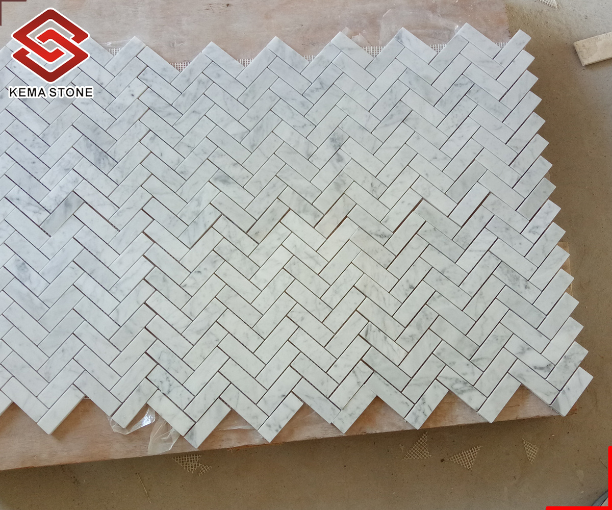 Natural White Stone Bianco Cararra Marble Herringbone Mosaic Tiles