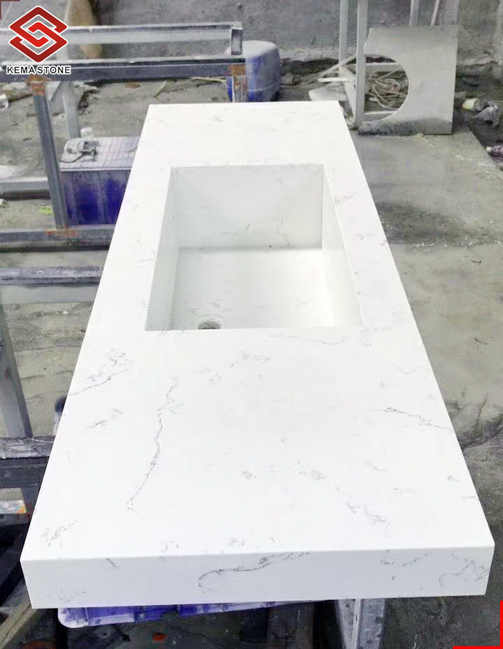 Integrated One-piece Bianco Carrara White Quartz Stone Countertops for Kitchens