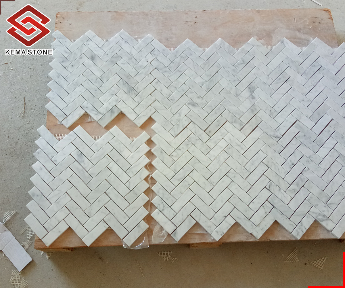 Natural White Stone Bianco Cararra Marble Herringbone Mosaic Tiles