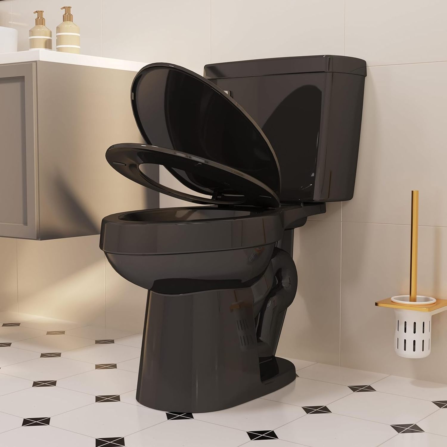 Two Piece Elongated Toilet Chair Comfort Powerful Single Flush with Side Trip Lever Glossy Black toilet chinese toilet suppliers