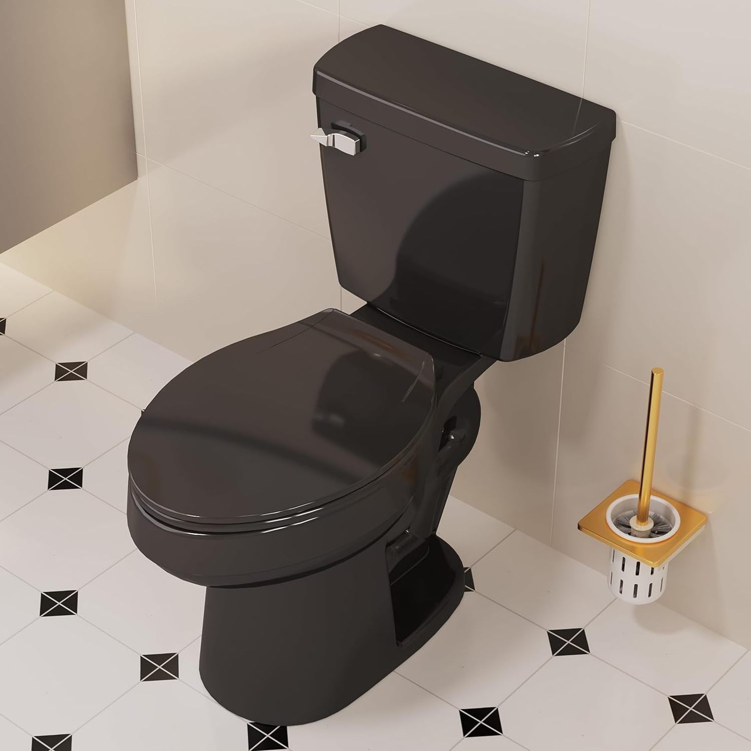 Two Piece Elongated Toilet Chair Comfort Powerful Single Flush with Side Trip Lever Glossy Black toilet chinese toilet suppliers