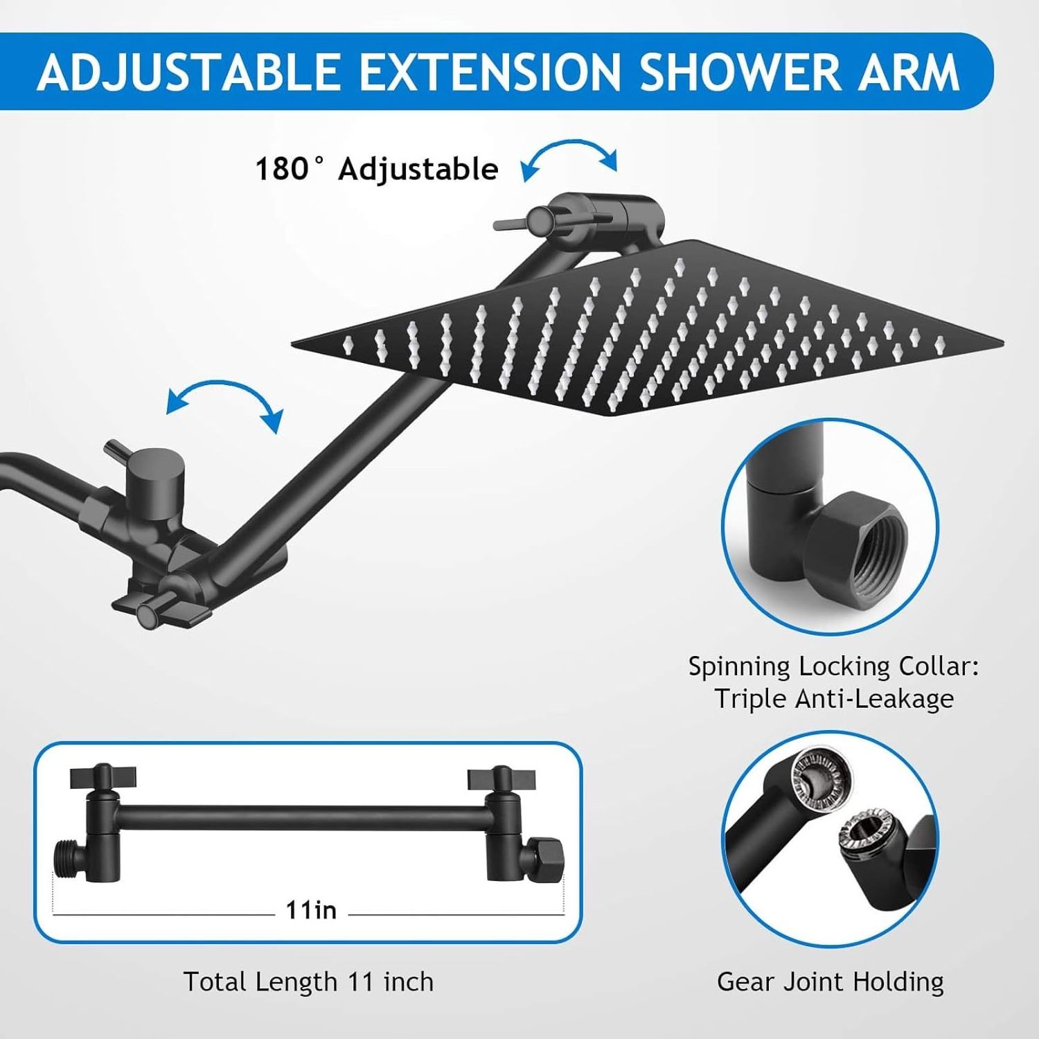 High Pressure Rain Shower Head with Adjustable Extension Arm and 5 Settings Handheld Shower Spray Against Low Pressure Water