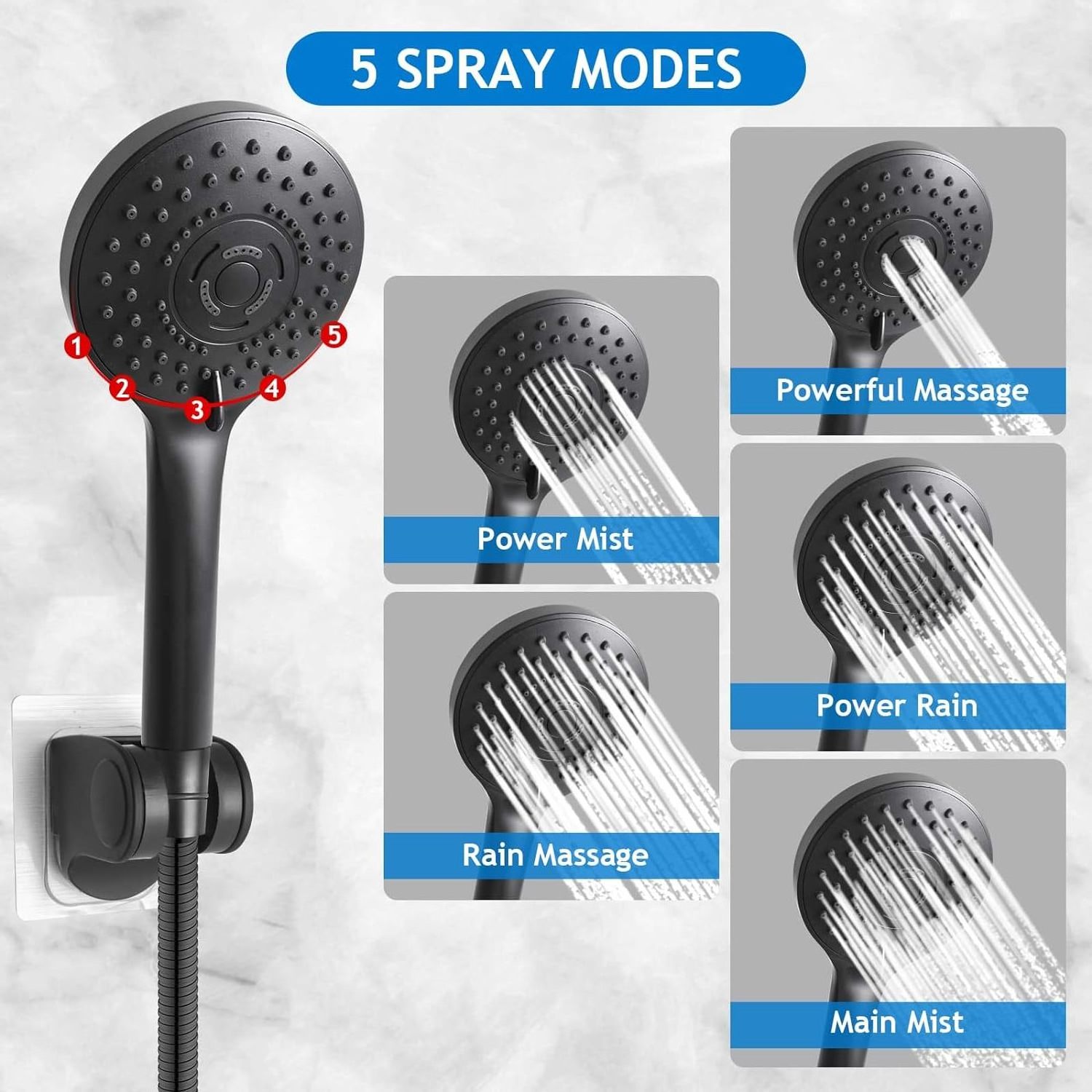 High Pressure Rain Shower Head with Adjustable Extension Arm and 5 Settings Handheld Shower Spray Against Low Pressure Water