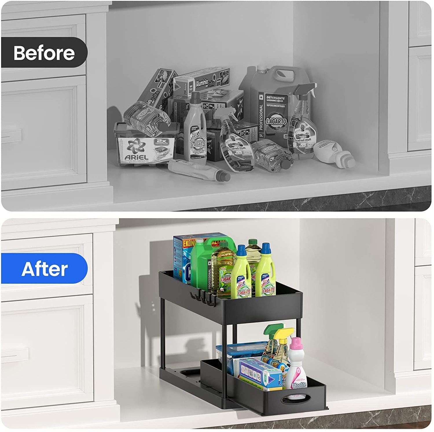 2 Tier Under Sliding Cabinet Basket Organizer Drawer Black Under Sink Organizer for Bathroom Kitchen