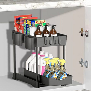 2 Tier Double Push Pull Sliding Storage Drawer Under Cabinet Basket Under Sink Storage Organizer For Bathroom Kitchen