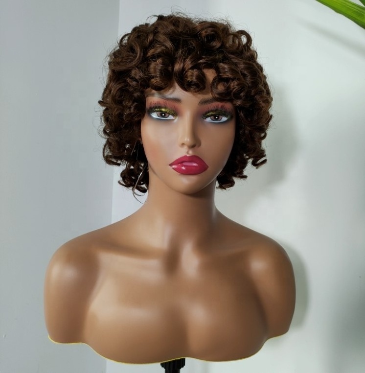 KEMY Cheap Price Just $12 Ombre Brown Short Afro Kinky Human Hair Wigs For Women Full Machine Made Natural Hair Wigs In Stock