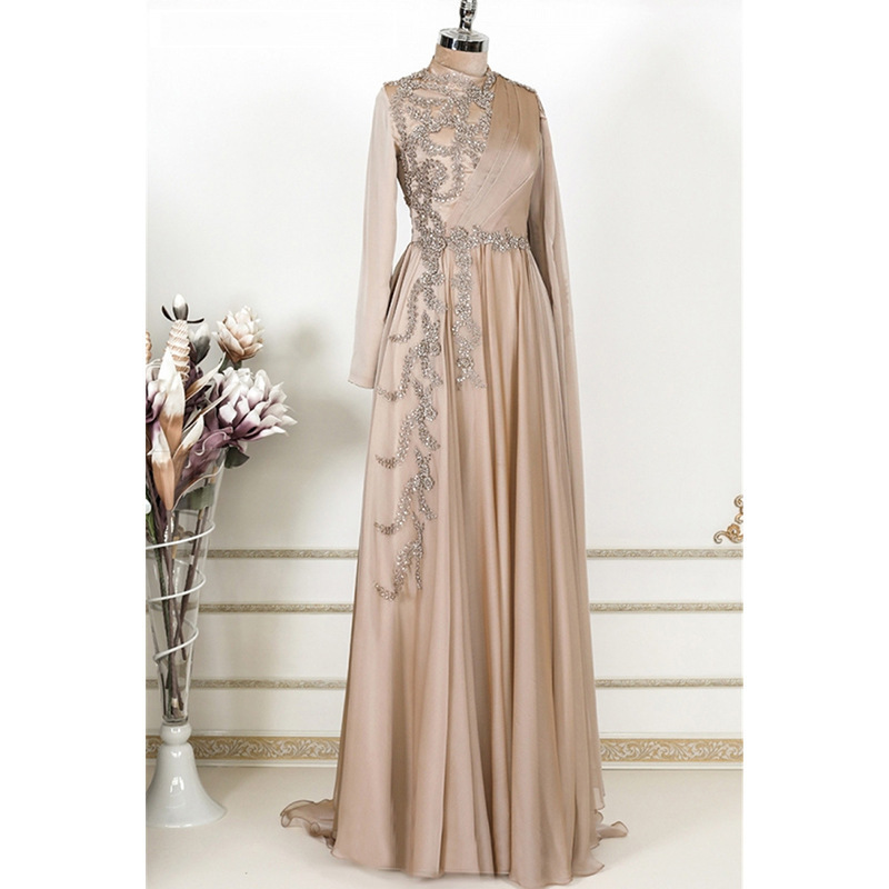 Champagne Muslim Evening dress Arab Dubai Long sleeve formal party dress Moroccan robe evening dress