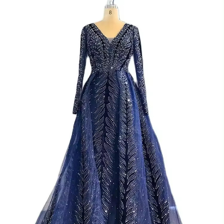 Blue velvet elegant long-sleeved high-end atmospheric hostess dress banquet evening dress long skirt