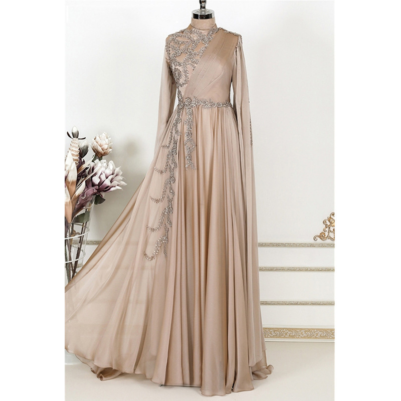 Champagne Muslim Evening dress Arab Dubai Long sleeve formal party dress Moroccan robe evening dress