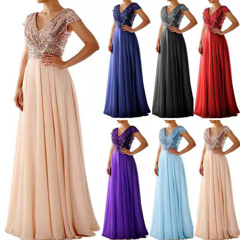 2022 new summer champagne color evening dress V-neck sequins evening party dress chiffon splicing women evening dresses elegant