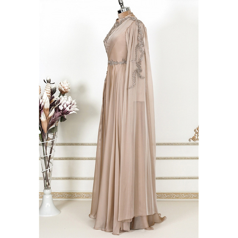 Champagne Muslim Evening dress Arab Dubai Long sleeve formal party dress Moroccan robe evening dress