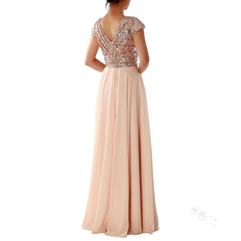 2022 new summer champagne color evening dress V-neck sequins evening party dress chiffon splicing women evening dresses elegant