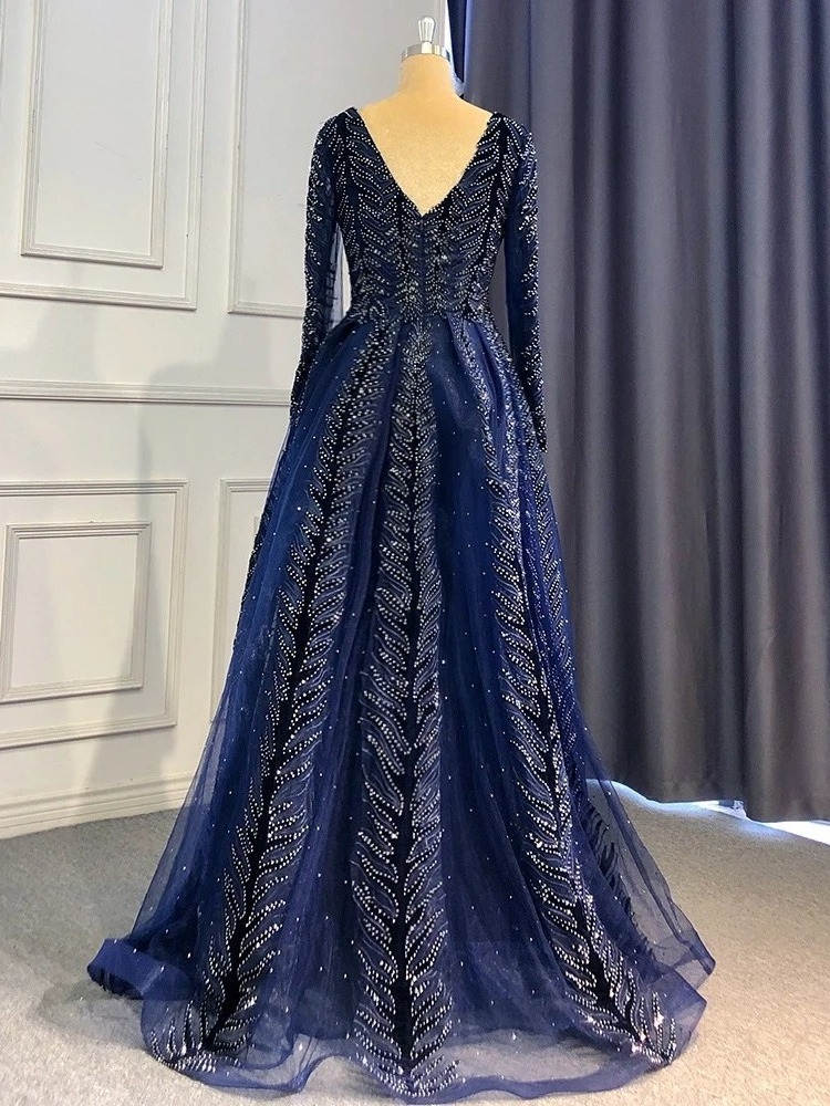 Blue velvet elegant long-sleeved high-end atmospheric hostess dress banquet evening dress long skirt