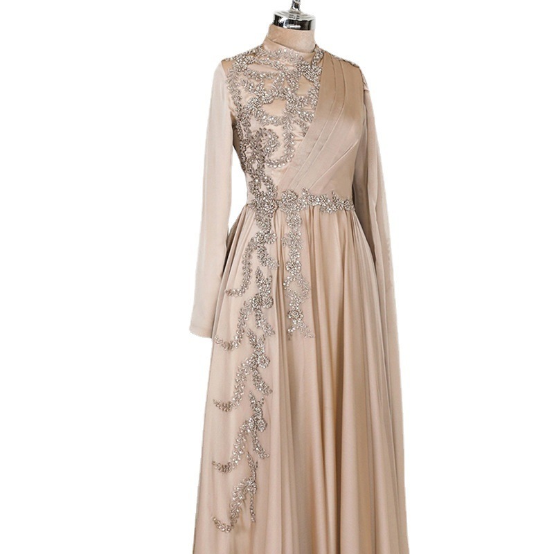 Champagne Muslim Evening dress Arab Dubai Long sleeve formal party dress Moroccan robe evening dress