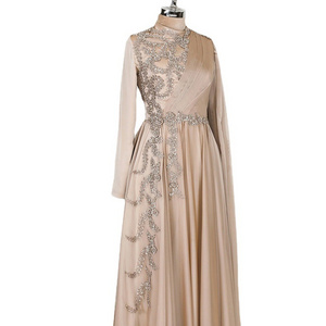 Champagne Muslim Evening dress Arab Dubai Long sleeve formal party dress Moroccan robe evening dress