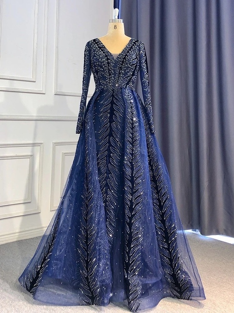 Blue velvet elegant long-sleeved high-end atmospheric hostess dress banquet evening dress long skirt