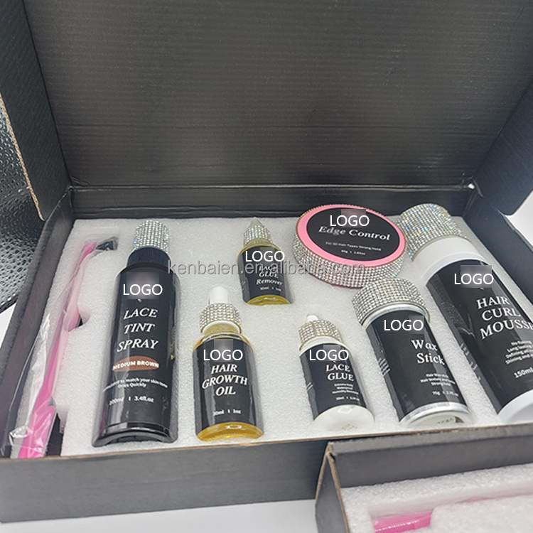 Custom Your Logo Wig Install Boxes Private Label Packaging Waterproof Lace Tint Spray And Strong Hold Lace Glue Kit