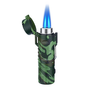 Multi-function Camouflage Waterproof Dual Jet Torch Lighter Portable Outdoor Camping Refill Butane Gas Lighter With Flashlight