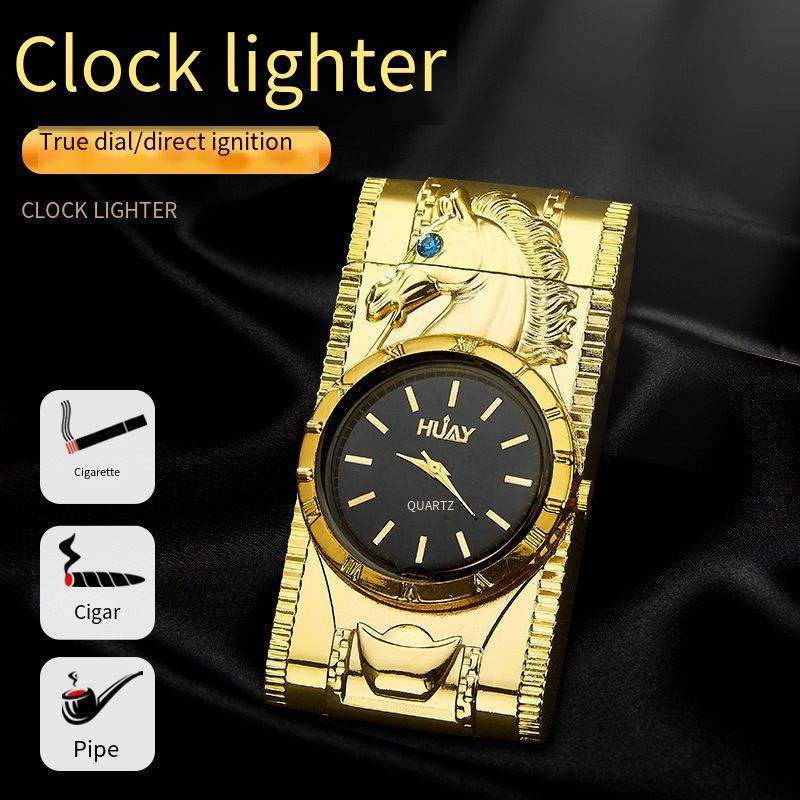 Creative Clock Watch Straight Into Inflatable Lighter Smoking Cigarette Lighter Gold And Silver Animal Pattern Windproof Lighter