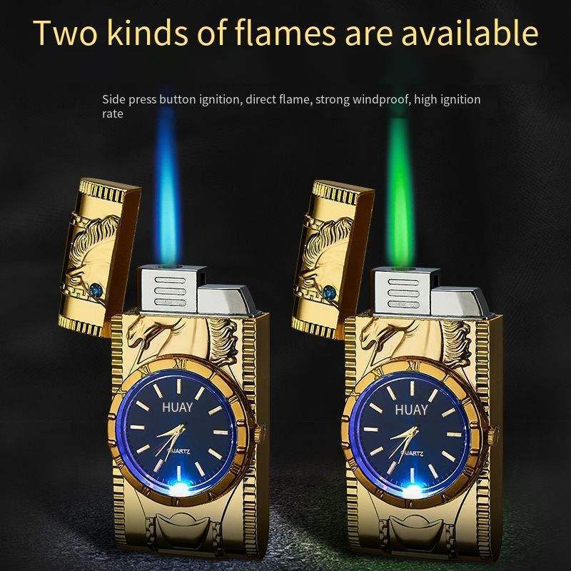 Creative Clock Watch Straight Into Inflatable Lighter Smoking Cigarette Lighter Gold And Silver Animal Pattern Windproof Lighter