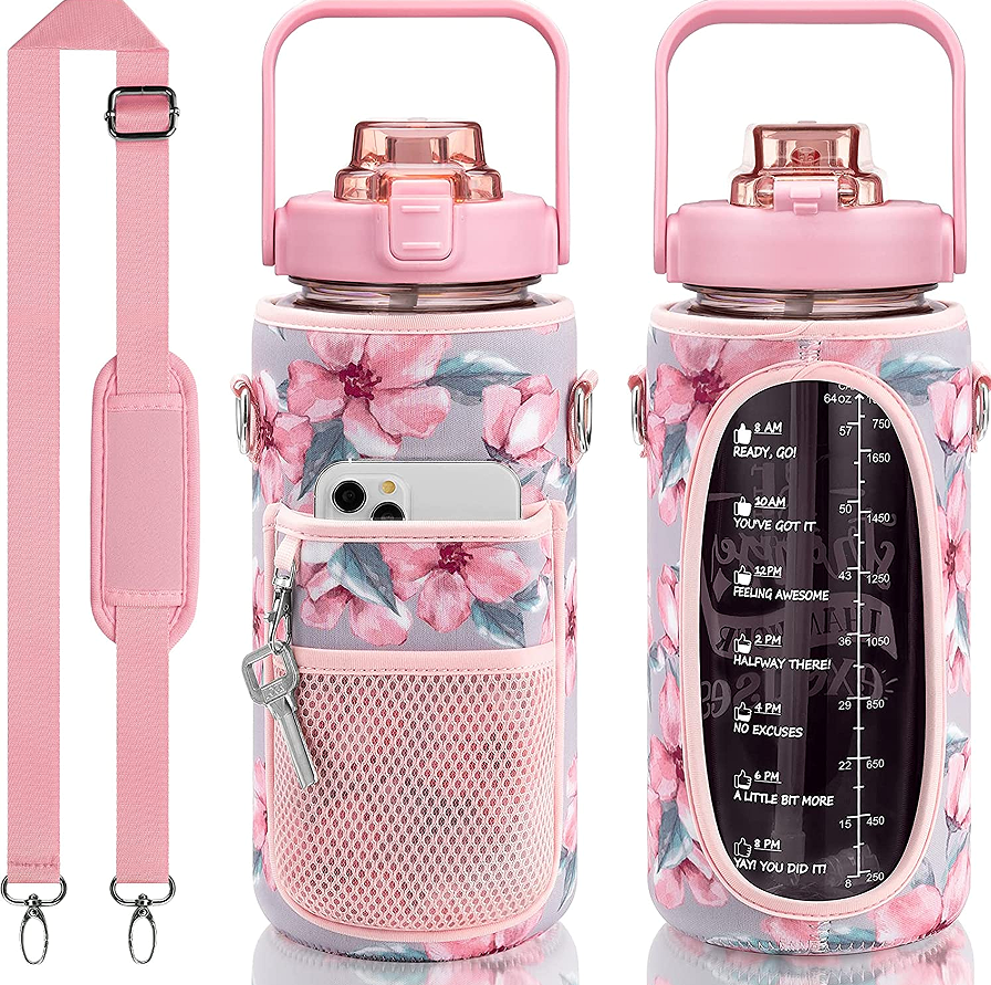 Custom Fashion 2l Motivational Time Marker Half Gallon Drinking Water Bottle With Protective Sleeve And Strap Straw