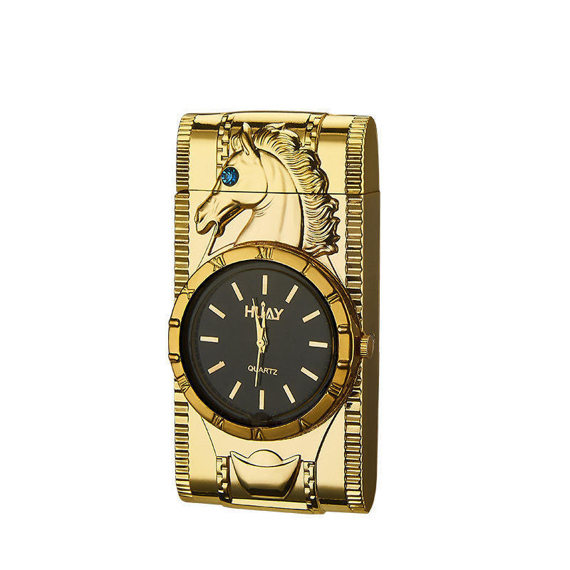 Creative Clock Watch Straight Into Inflatable Lighter Smoking Cigarette Lighter Gold And Silver Animal Pattern Windproof Lighter