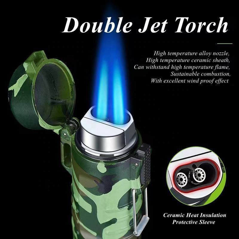 Multi-function Camouflage Waterproof Dual Jet Torch Lighter Portable Outdoor Camping Refill Butane Gas Lighter With Flashlight