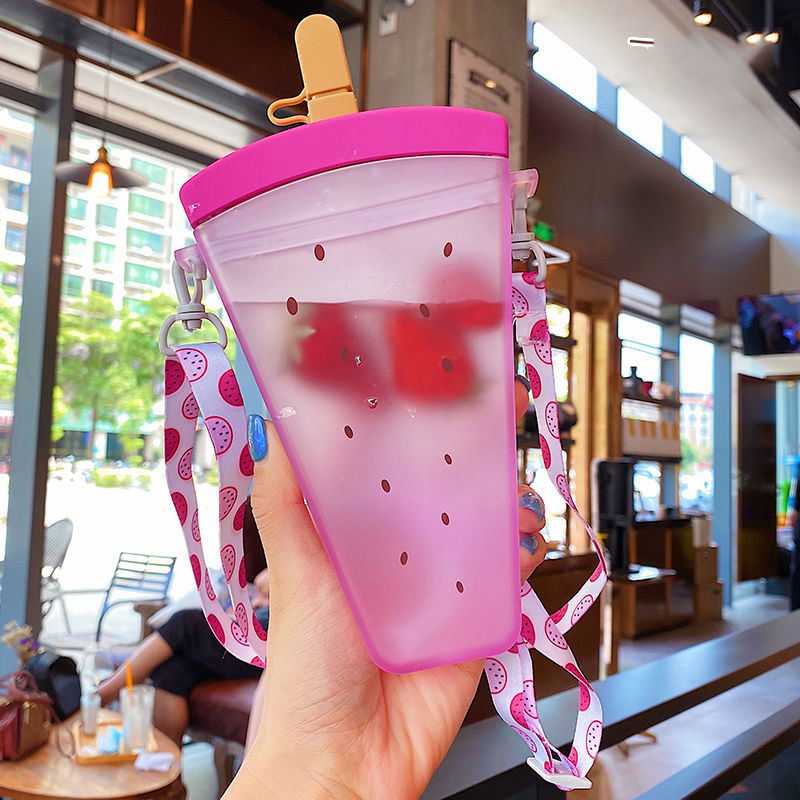 Plastic Water Bottles Cute Watermelon Ice Cream Water Bottle with Straw Kids Anti-fall Portable Popsicle Cup