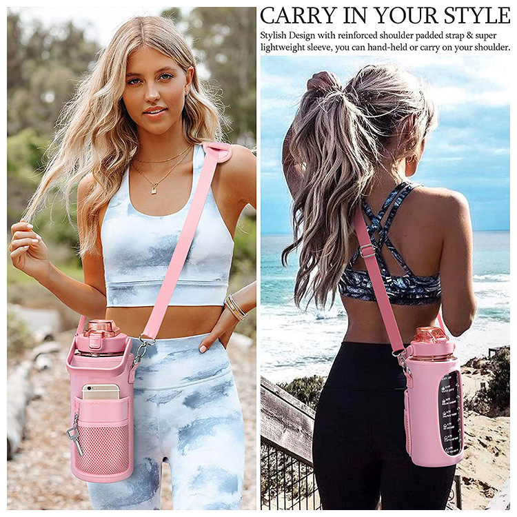 Custom Fashion 2l Motivational Time Marker Half Gallon Drinking Water Bottle With Protective Sleeve And Strap Straw