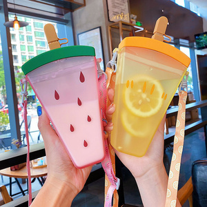 Plastic Water Bottles Cute Watermelon Ice Cream Water Bottle with Straw Kids Anti-fall Portable Popsicle Cup