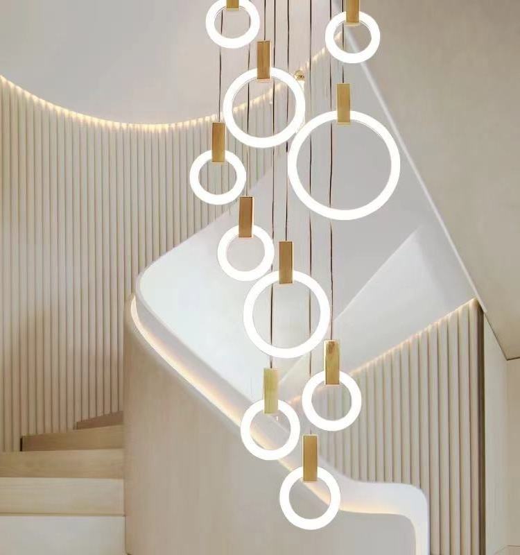 Modern Led Chandelier Ceiling Living Room Wooden Lighting Acrylic Ring Fixtures Stairs Deco Hanging Lights Dining Pendant Lamps