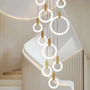 Modern Led Chandelier Ceiling Living Room Wooden Lighting Acrylic Ring Fixtures Stairs Deco Hanging Lights Dining Pendant Lamps