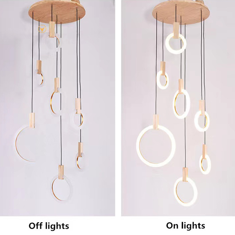 Modern Led Chandelier Ceiling Living Room Wooden Lighting Acrylic Ring Fixtures Stairs Deco Hanging Lights Dining Pendant Lamps