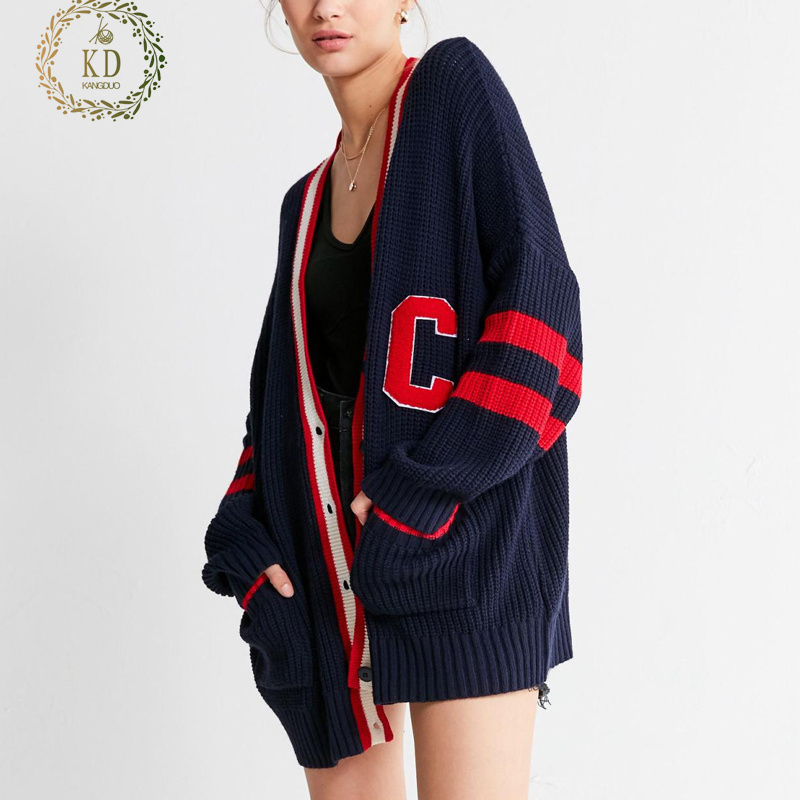 KD Knitwear Manufacturer Custom V Neck Cardigan Sweater Women Knit Letter Pocket Long Letterman Varsity Cardigan