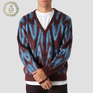 KD Knitwear Manufacturer Custom Button Angora Wave Pattern Knitted Jacquard Design Men's Cardigan Sweater